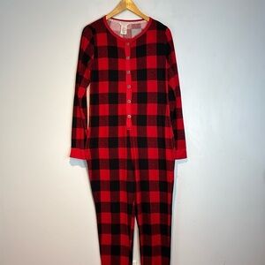 Lucky Brand One Piece Pajama Suit Womens Size Medium Red Black Plaid Mommy